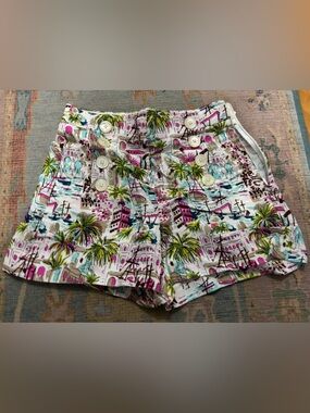 J. Crew White High-Waist Tropical Print Shorts with Pink and Green Accents